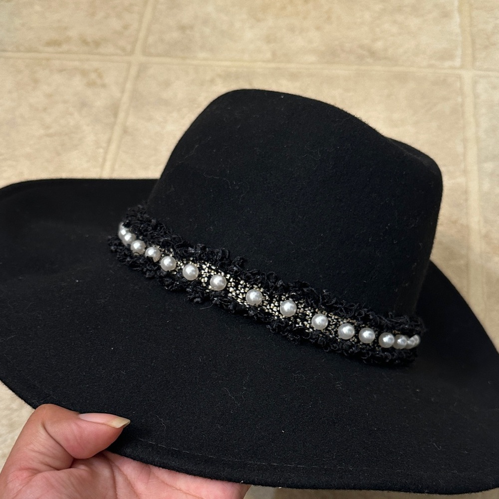 Adrienne Vittadini Black Hat with Pearl Accents